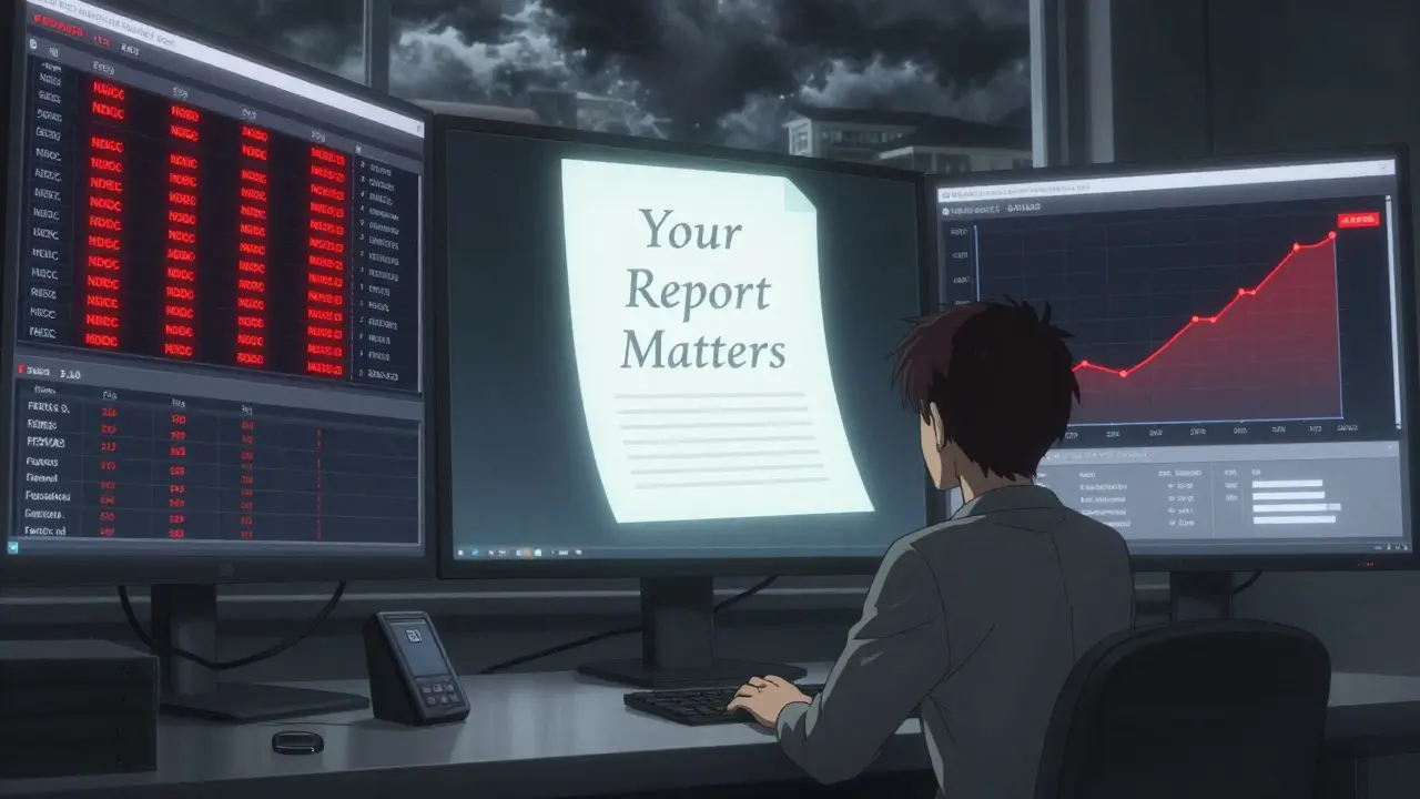 FDA analyst surrounded by data screens highlighting unreported adverse events from generic drugs.