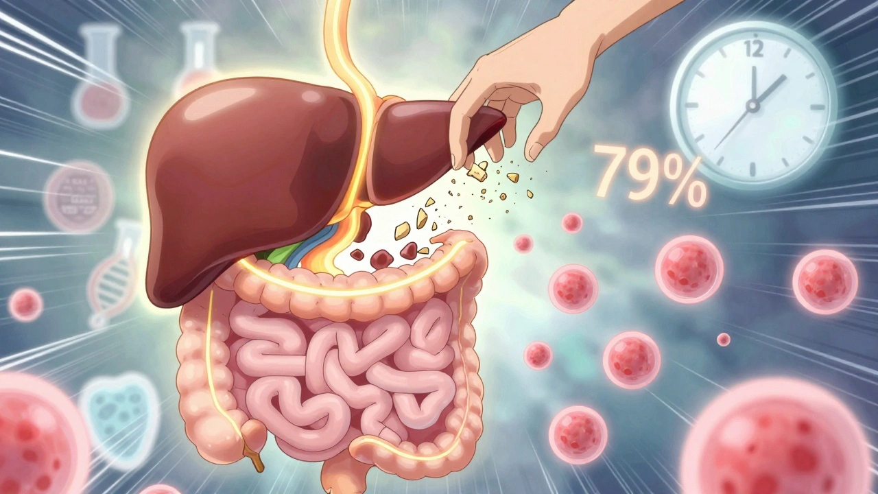 Glowing liver and intestine healing as gluten shards shatter, 79% of cells turning healthy under golden light.