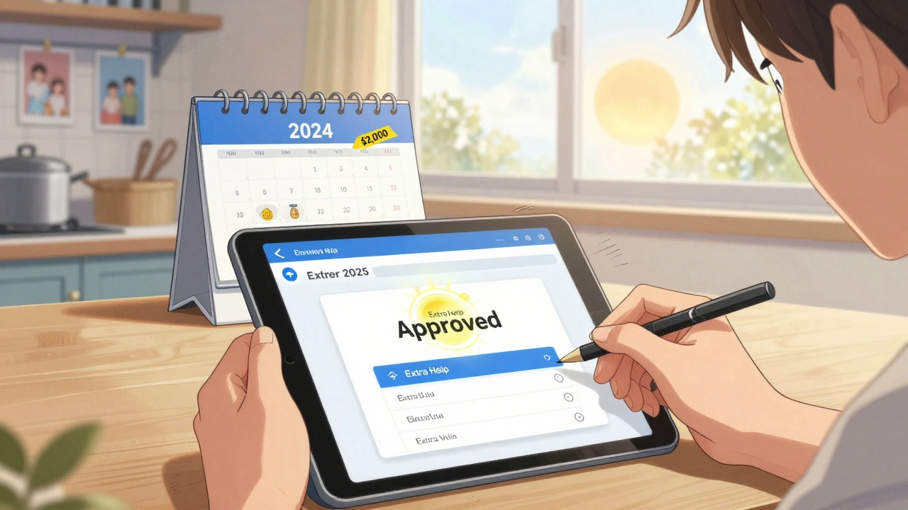 Hands applying for Extra Help on a tablet, with a approval notification and calendar flipping to 2025.
