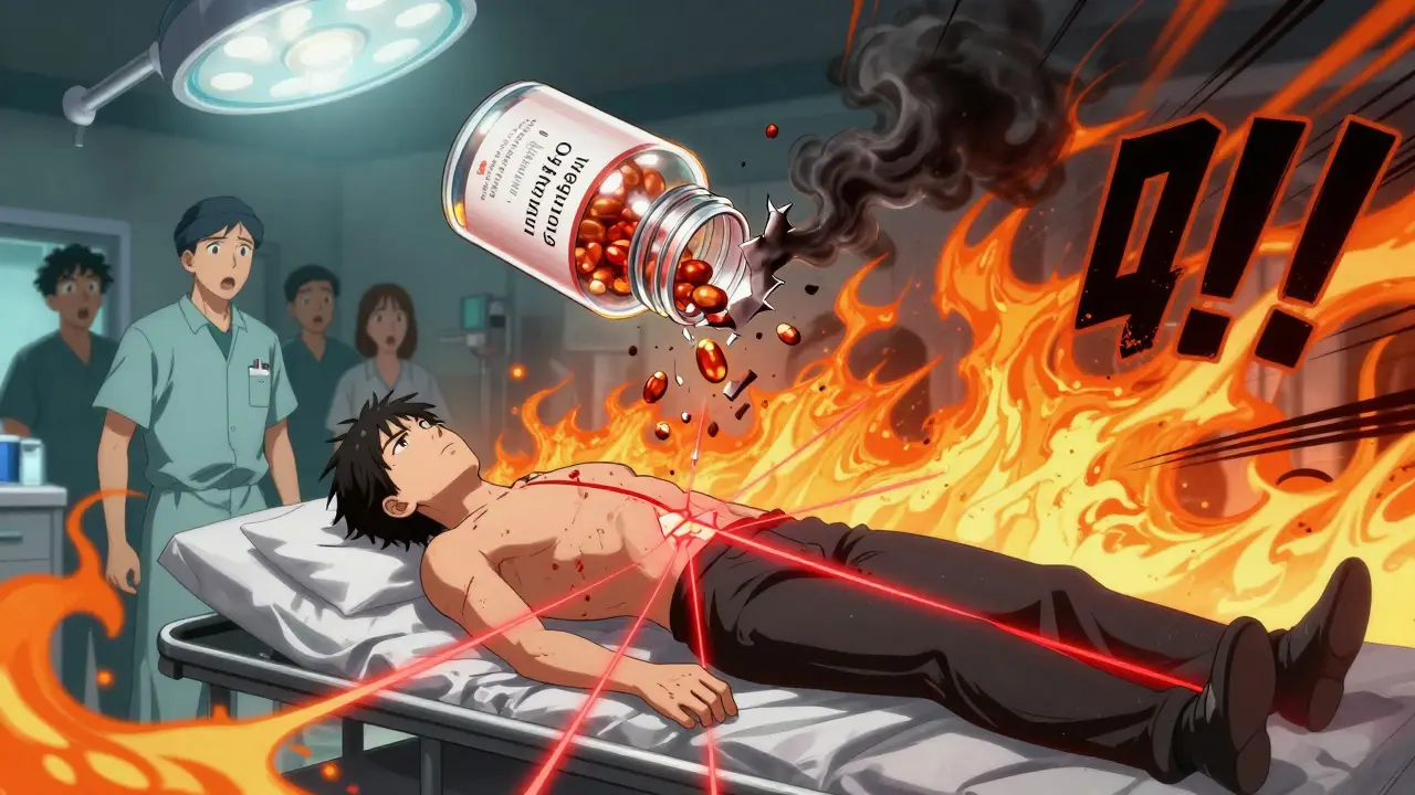 Medical emergency with glowing red interaction lines between blood thinner and herbal supplement.