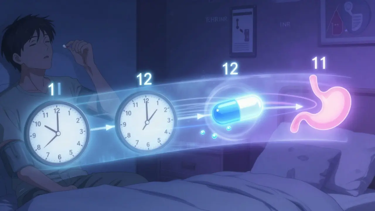 Nighttime timeline showing separated doses of blood pressure pill and fiber with glowing barrier.