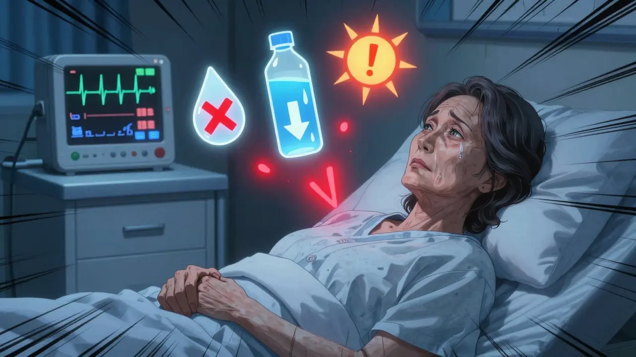 Older woman in hospital bed with floating warning icons for dehydration and heart rhythm issues, cool blue light, medical monitor visible.