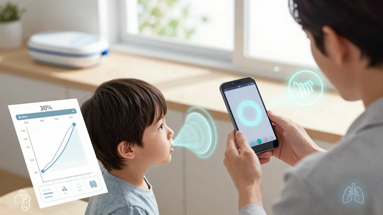 Parent filming child using a smart spacer with holographic breath guide, glowing medical icons in background.