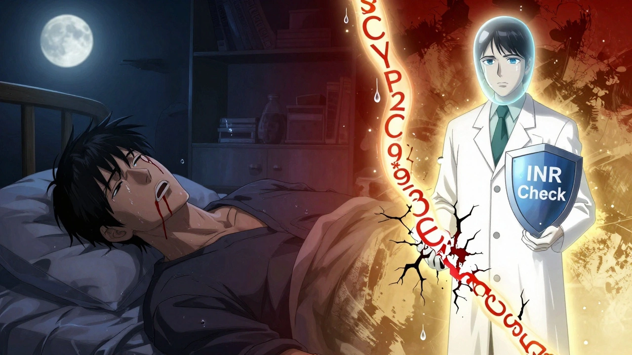 Patient bleeding at night vs. genetic shield protected by pharmacist, dark red to gold transition.