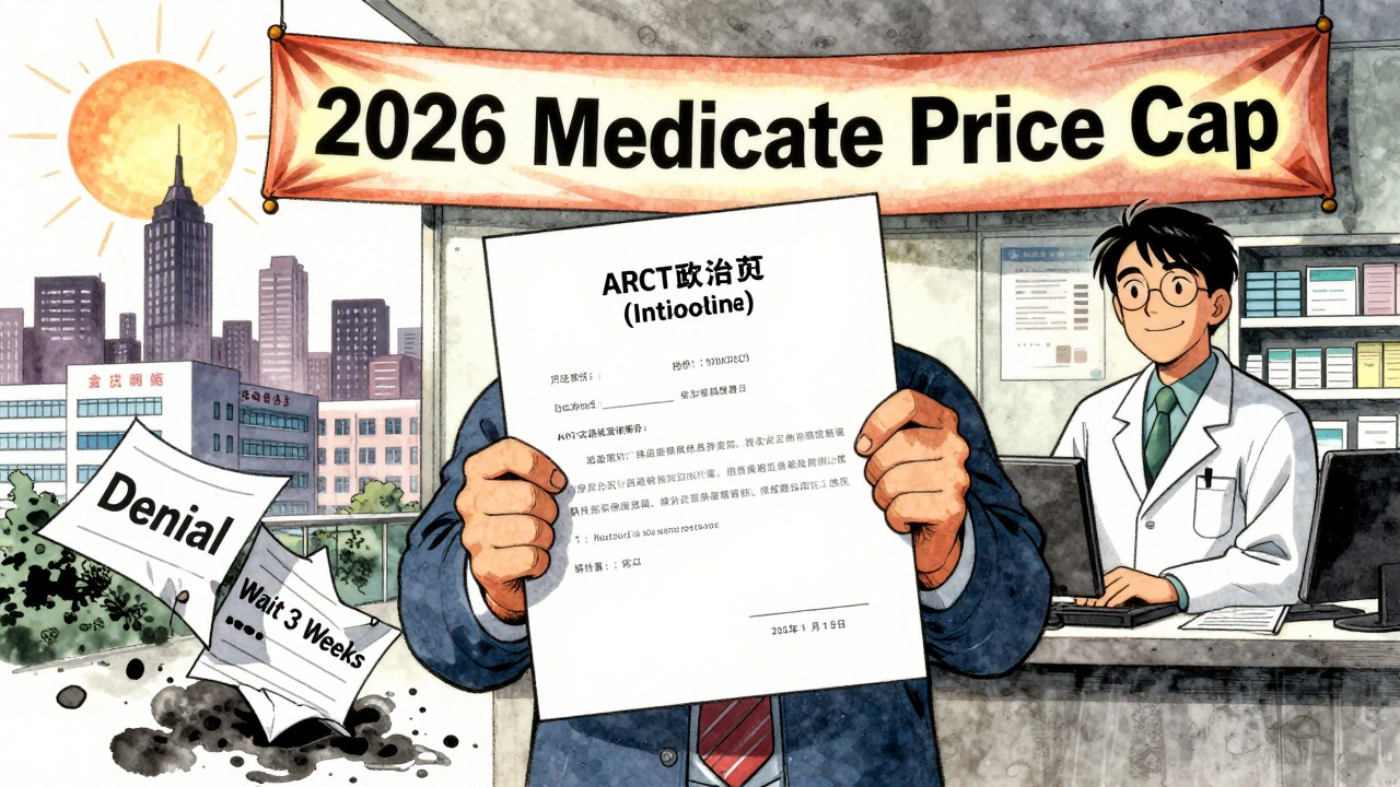 Patient celebrates approved medication with 2026 Medicare price cap banner in background.