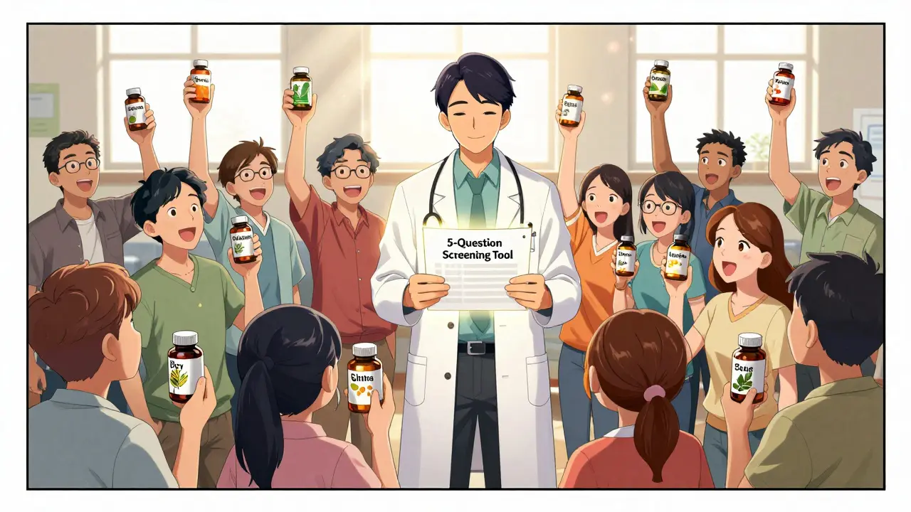 Patients holding supplement bottles as a doctor presents a screening checklist in a hopeful scene.
