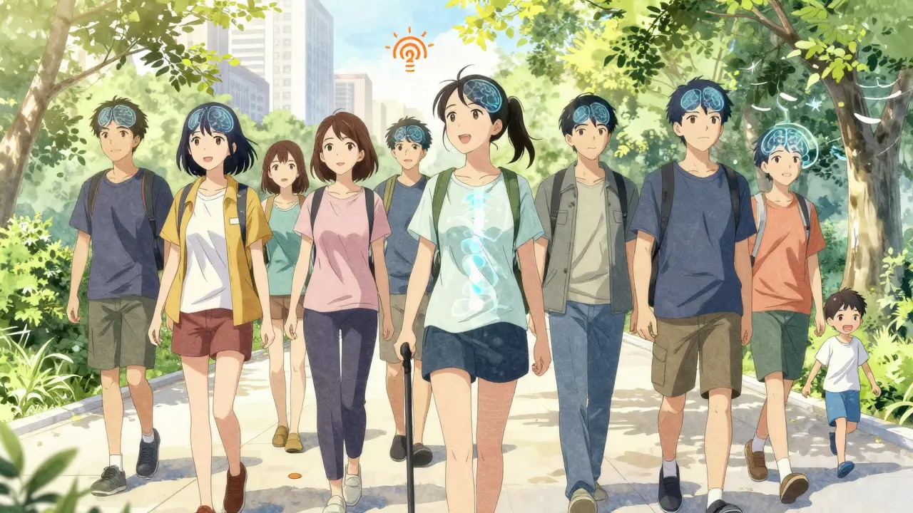 People walking confidently in a park with fading pain alarms above them, symbolizing recovery through understanding.