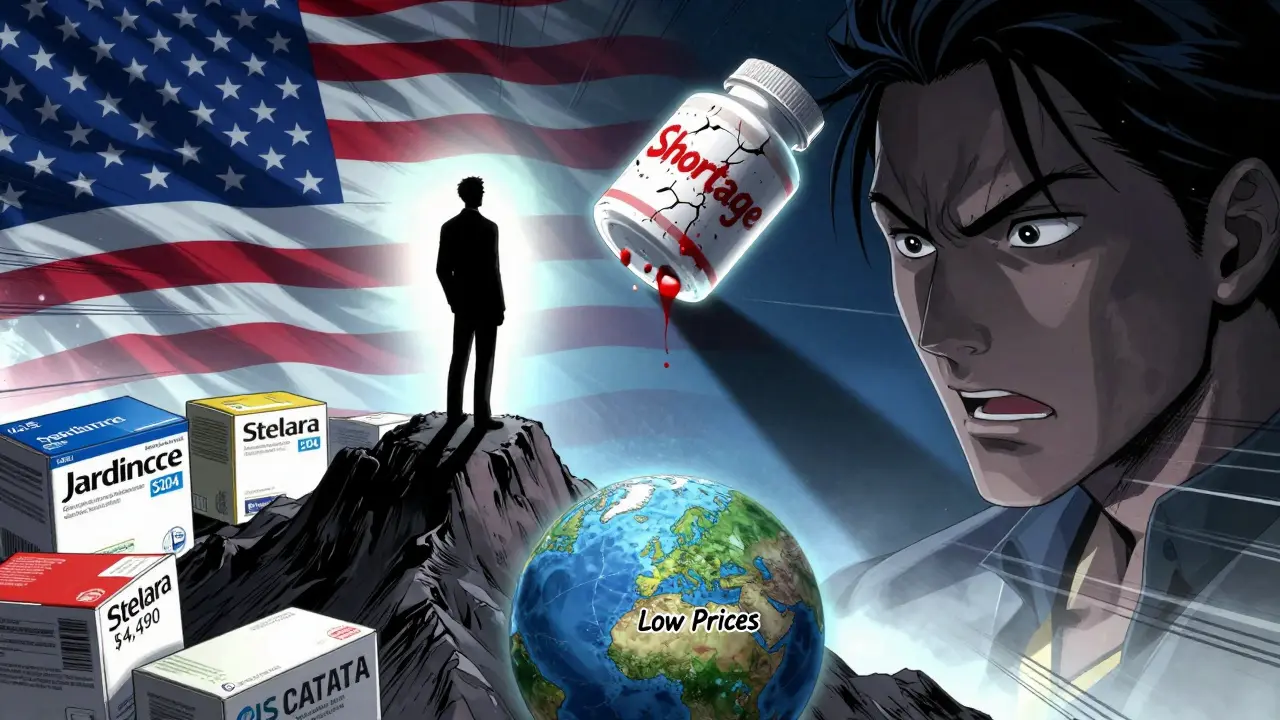 Pharmaceutical executive overlooking a globe with U.S. high drug prices casting a shadow over generic shortages.