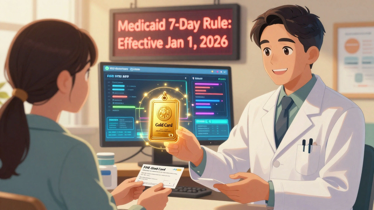 Pharmacist giving approved prescription to patient, golden Gold Card glowing, digital health data streams in background.