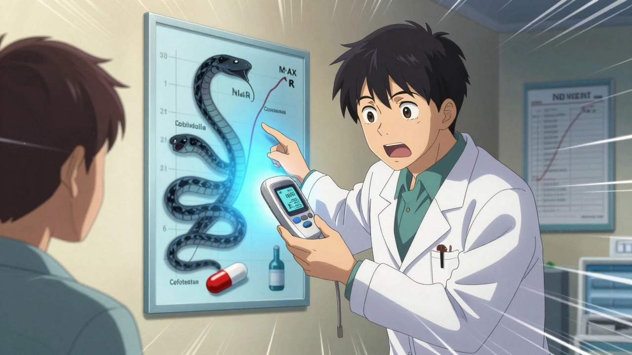 Pharmacist giving INR monitor to patient while dangerous antibiotics loom as shadowy serpents.