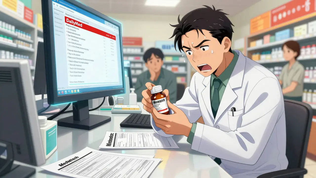 Pharmacist scanning generic drug barcode while hologram shows manufacturer info on DailyMed.