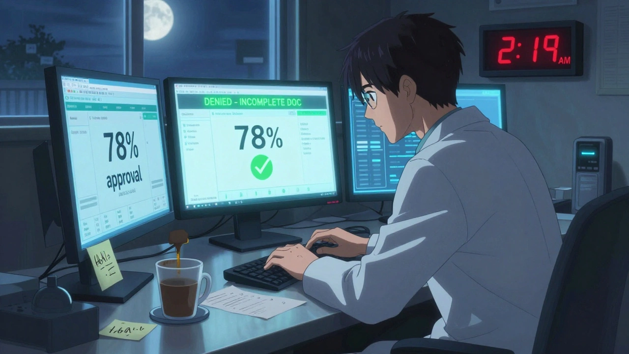 Pharmacist working late at night with glowing ePA screens, coffee cup, and medical data on desk.