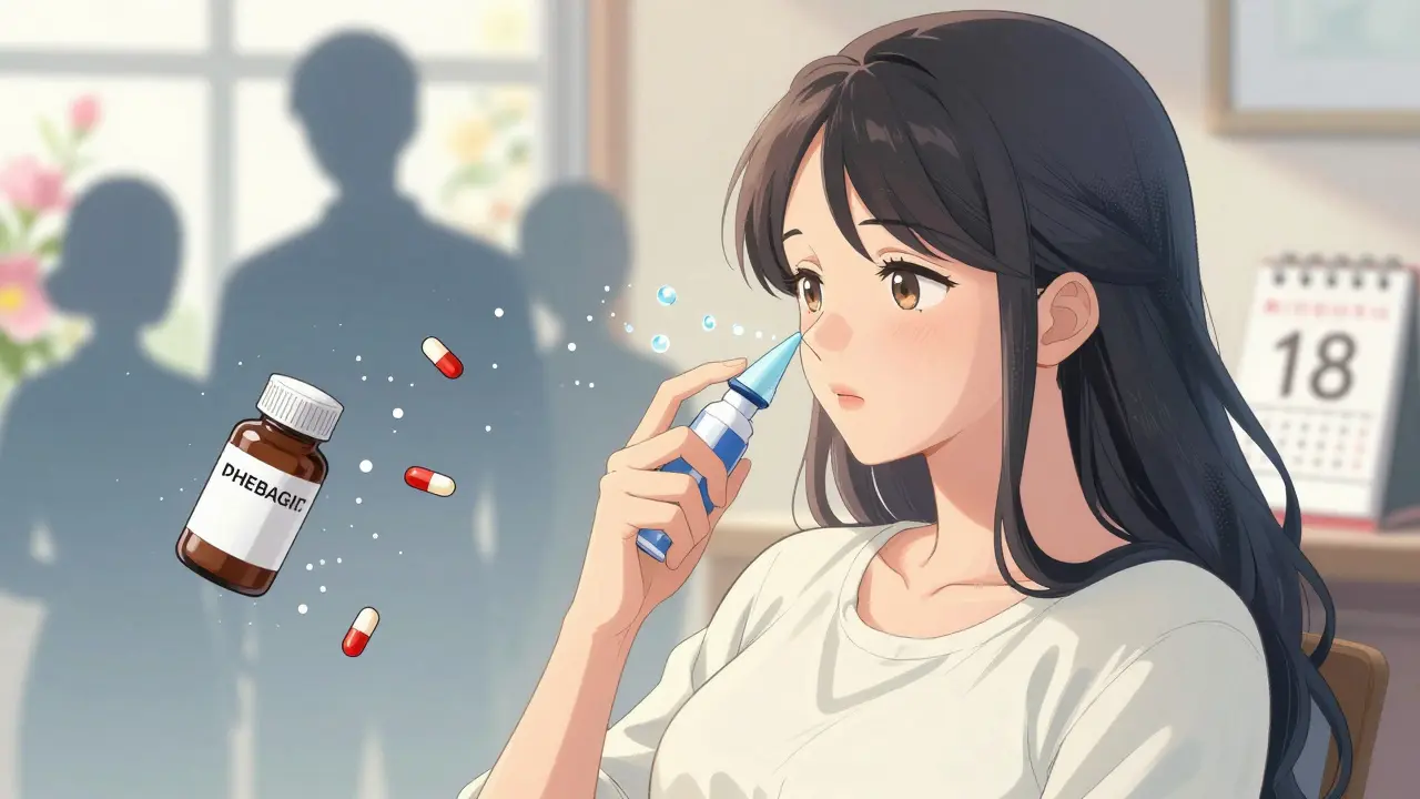 Pregnant woman using saline spray as decongestant pills crumble behind her.