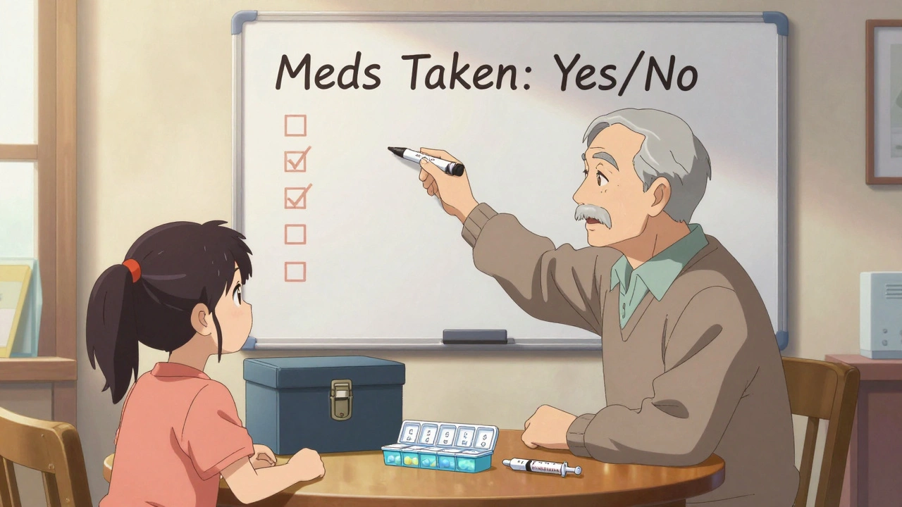 Senior man and granddaughter using whiteboard checklist beside locked medicine storage box.