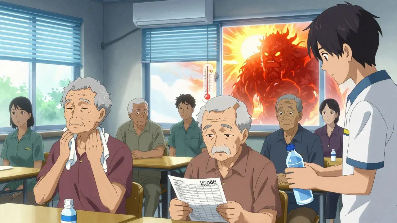 Seniors in community center during heatwave, one using damp cloth, volunteer handing water, sun looming outside window as threat.