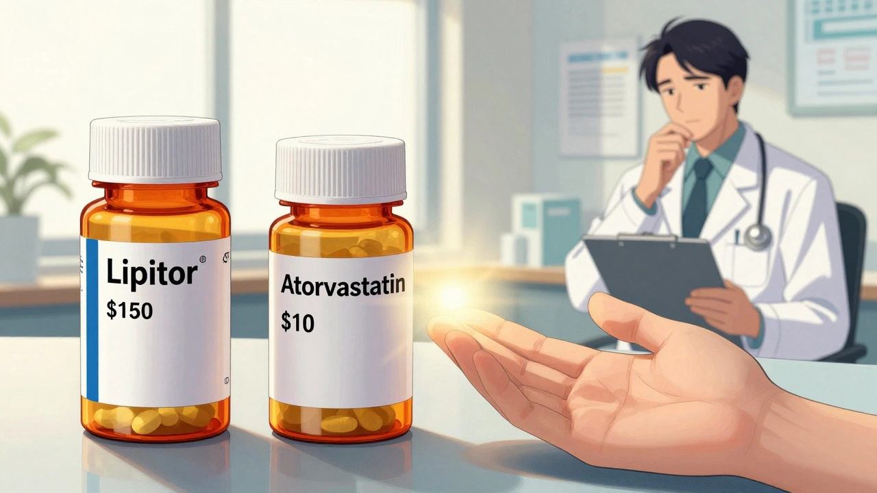 Side-by-side of expensive brand-name pill versus affordable generic, with doctor hesitating.