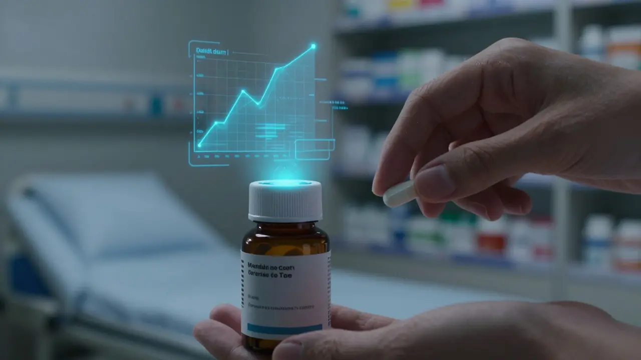 Smart pill bottle emitting data pulses with floating adherence graphs, hand reaching for pill, twilight setting.