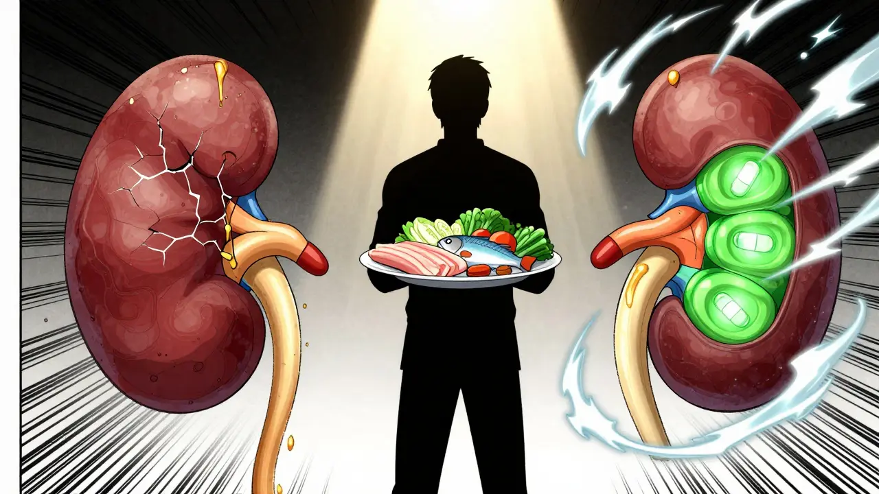 Split image: damaged kidney leaking protein vs. healed kidney with sealed filters, patient holding balanced protein meal.
