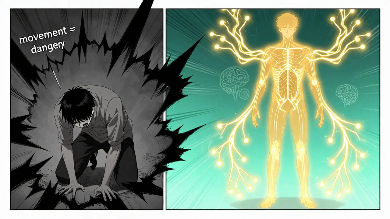 Split image showing transformation from fear-filled pain spikes to calm, rewired neural pathways.