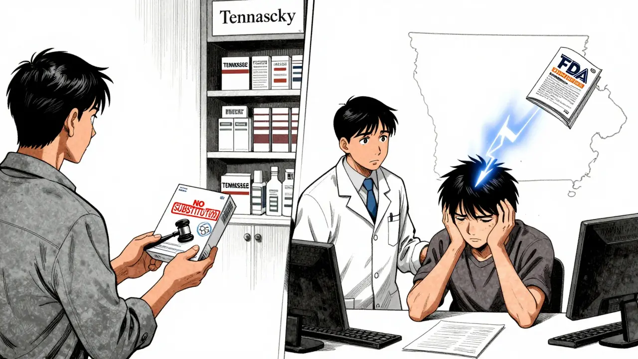 Split scene: Kentucky pharmacist giving brand drug vs. Tennessee pharmacist facing seizure risk, with Iowa map blank.