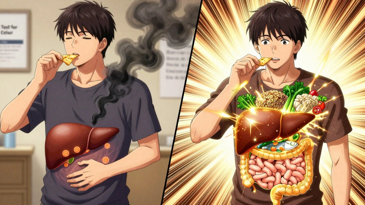 Split scene: person eating unhealthy gluten-free junk food vs. whole foods, with dark smoke turning to healing light.