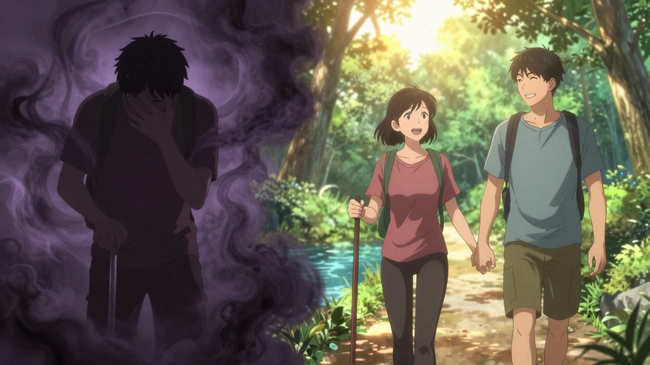 Split scene: person in pain with opioids vs. same person healthy and happy with partner, representing recovery paths.