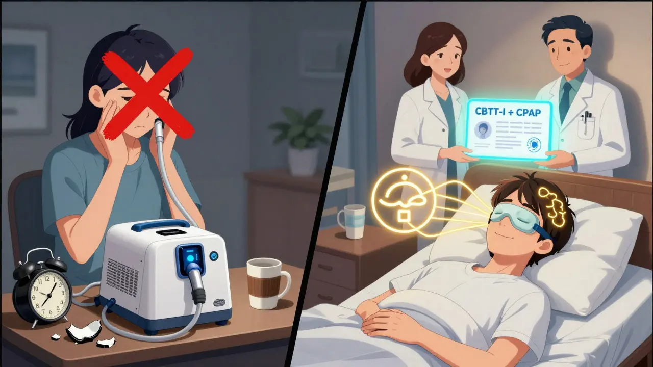 Split scene showing frustration with CPAP on one side and peaceful sleep with combined therapy on the other.