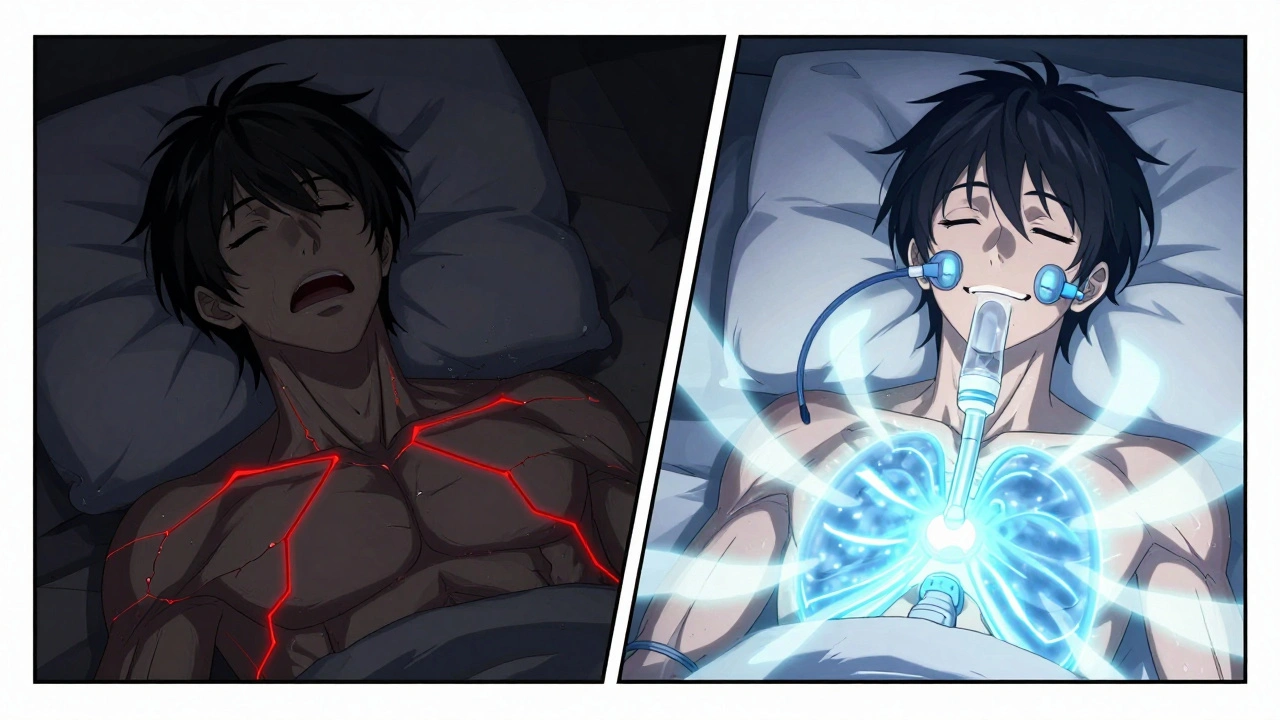 Split-screen: one side shows a person struggling to breathe during sleep apnea, the other shows them breathing peacefully with CPAP support.