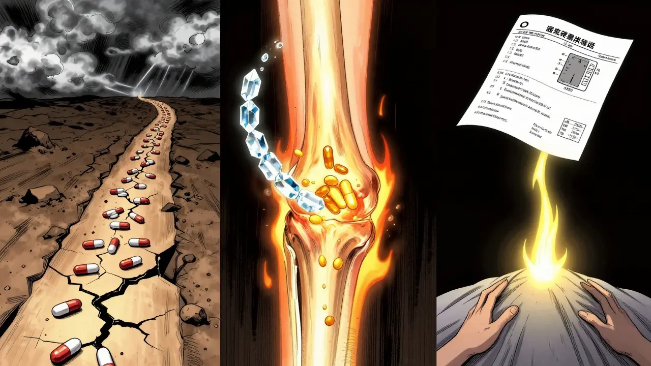 Three treatment paths from inflamed joint: NSAIDs (danger), colchicine (fragile), steroids (safe golden light).