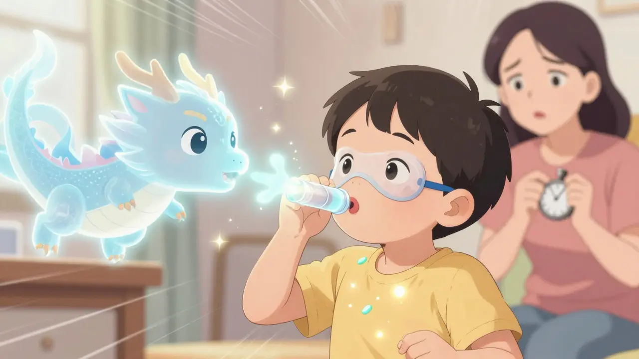 Toddlers breathing like a dragon through a mask, with spirit dragon matching their breaths and glowing medicine particles.