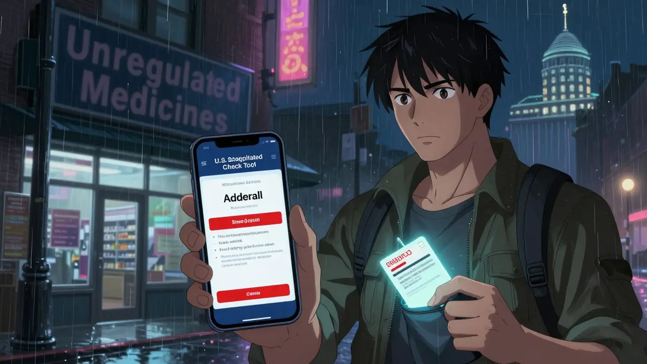 Traveler checking medication rules on phone in foreign city at night, embassy visible in distance.