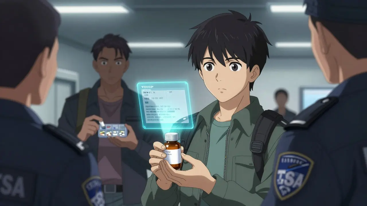 Traveler presenting original prescription bottles to TSA agent at airport security.