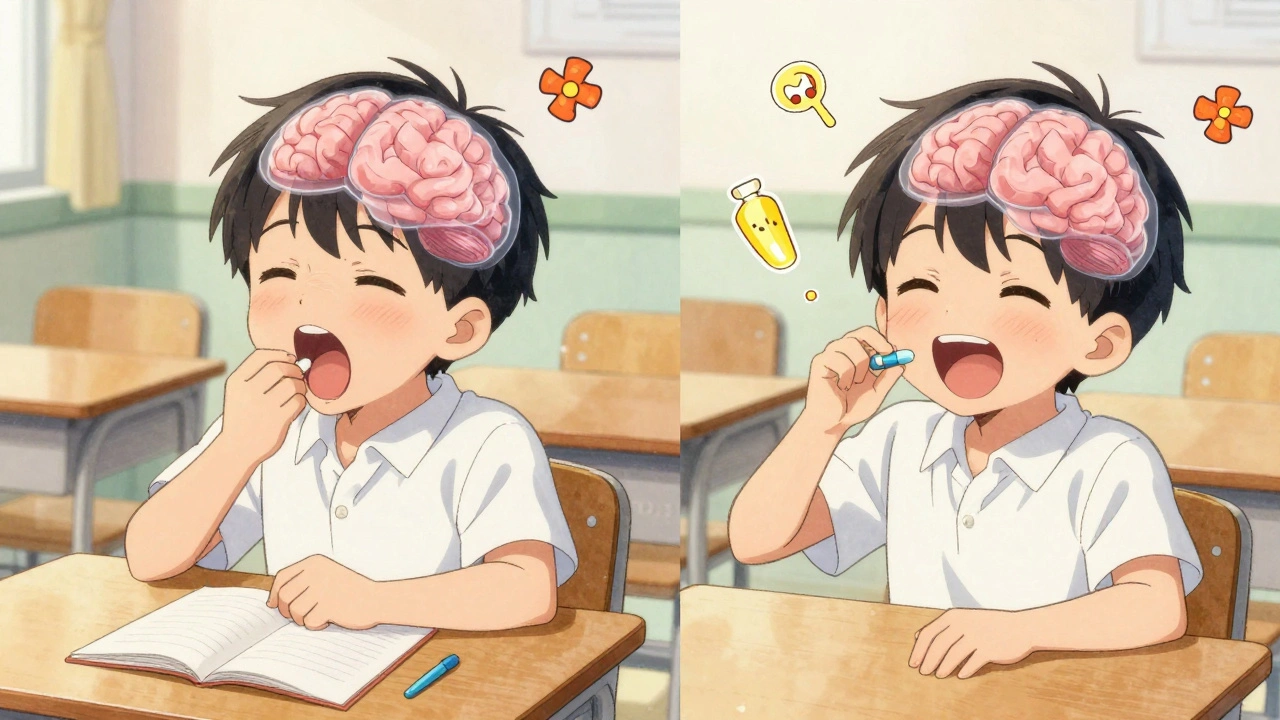 Two children taking allergy pills — one sleepy at desk, the other energetic, with brain overlays showing histamine blockers.