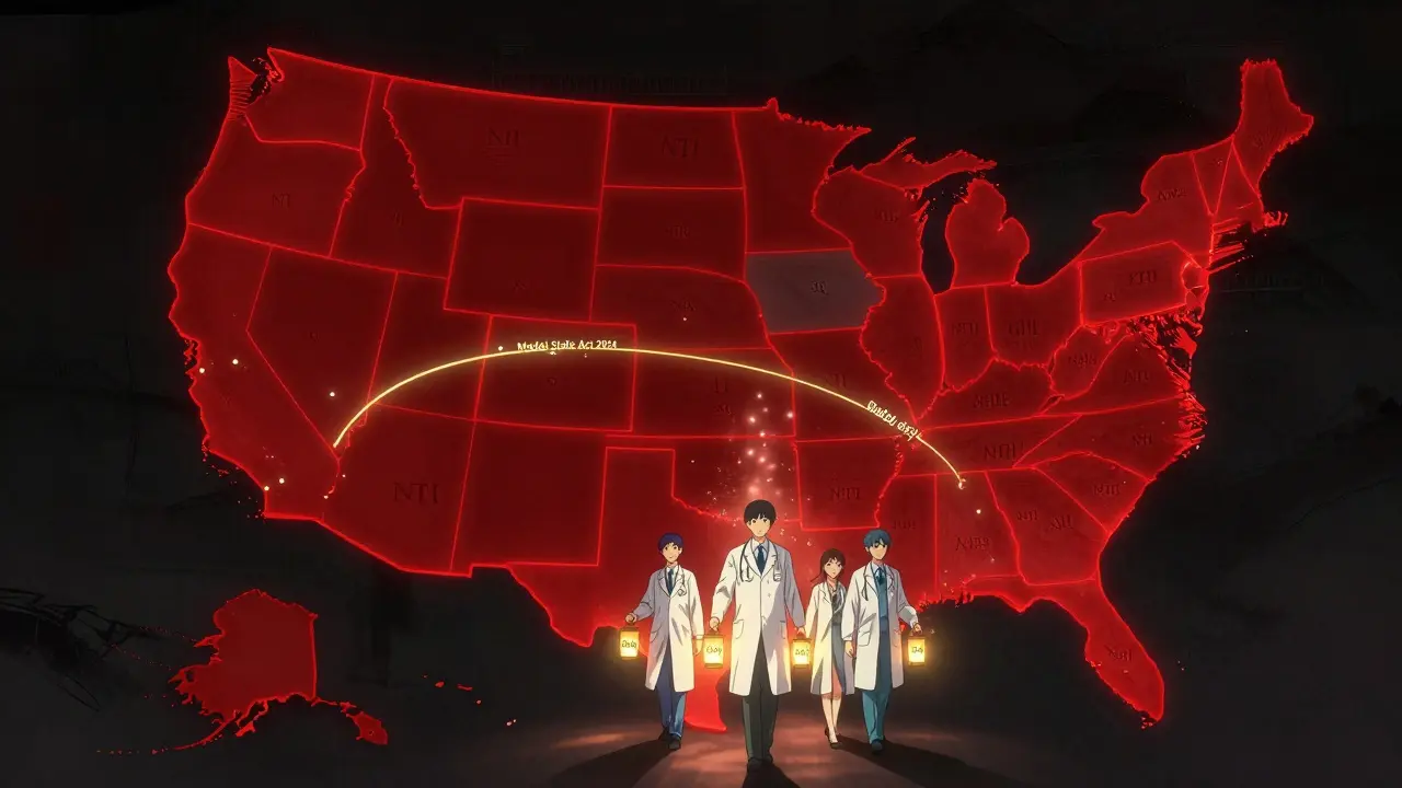 U.S. map showing restricted states in red, golden thread connecting them as healthcare workers walk toward unity.