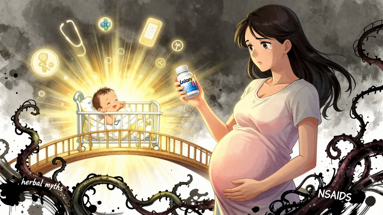 Woman taking B6 and Unisom for morning sickness, light connecting her to a newborn.