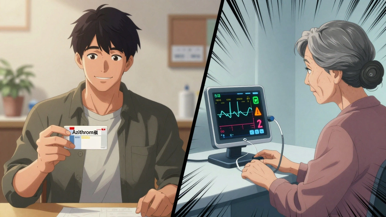 Young man getting antibiotic vs elderly woman getting ECG, contrasting risk levels.
