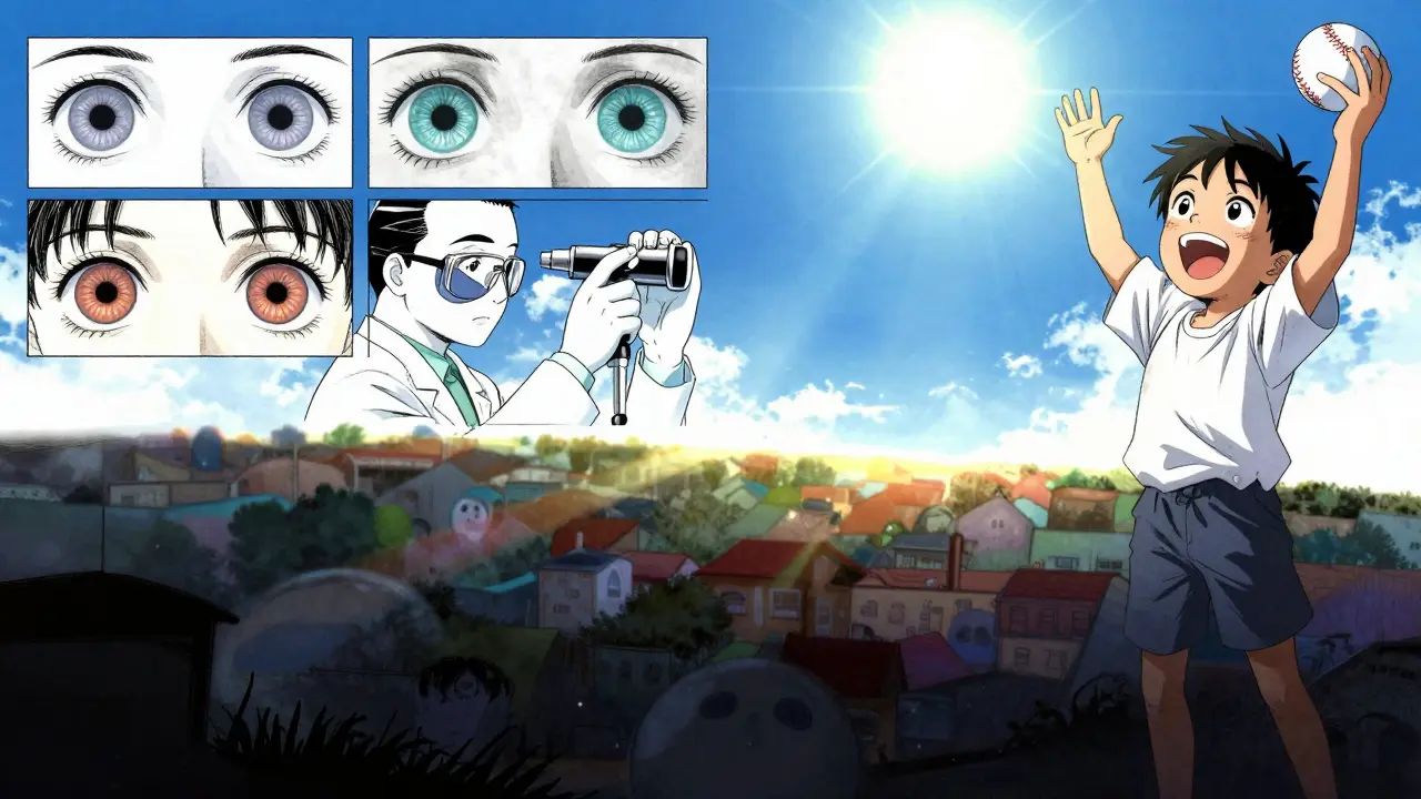 A child's journey from blurry vision to clear sight, shown as a glowing path ending in them catching a baseball in sunlight.
