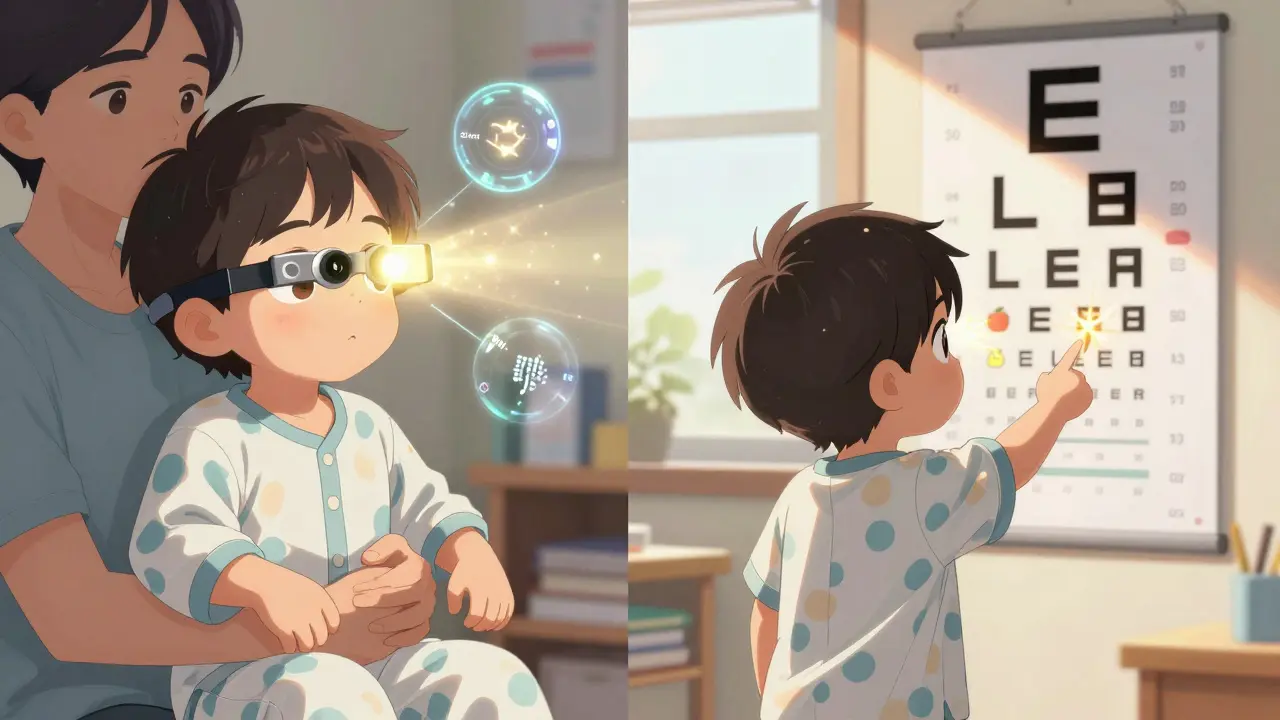 A child pointing to an apple symbol on a vision chart, with sparkling light indicating improved vision.