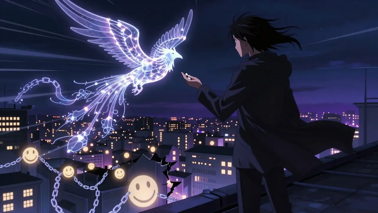 A person on a rooftop holding a pill as a neural phoenix rises behind them under city lights.
