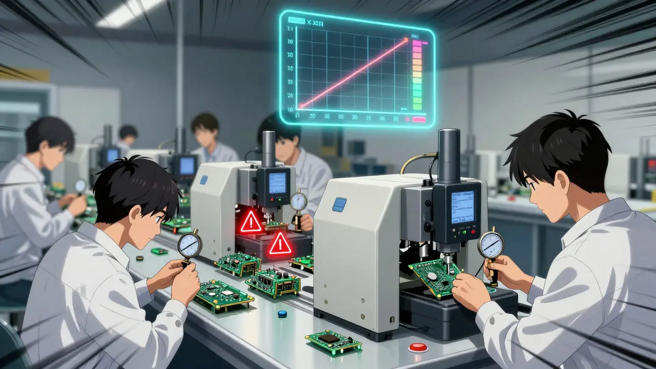 Assembly line workers using gauges and AOI machines, floating red warnings and control chart above them.