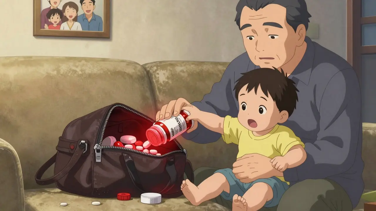 Child pulling pills from an open purse left on the couch.