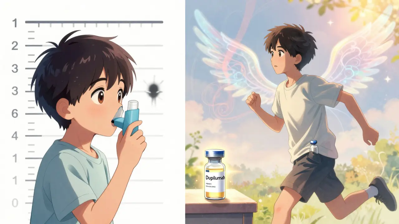 Child with asthma grows into healthy teen, biologic treatment symbolized by glowing vial.