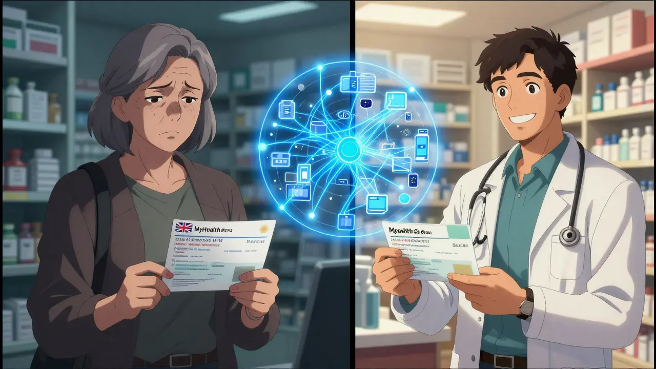 Contrasting scenes: a woman denied medication in Ireland vs. a man successfully refilling in Portugal.