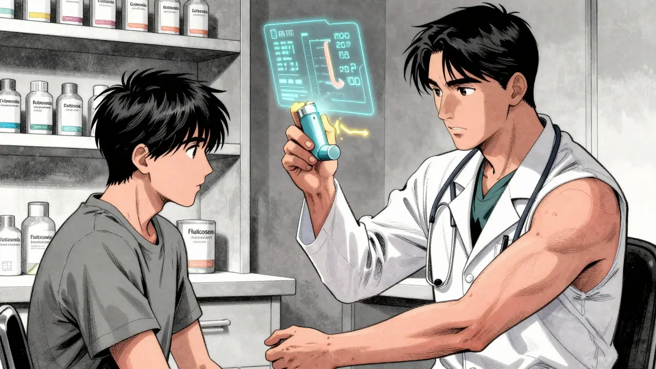 Doctor and patient reviewing smart inhaler data showing cortisol levels in clinic.