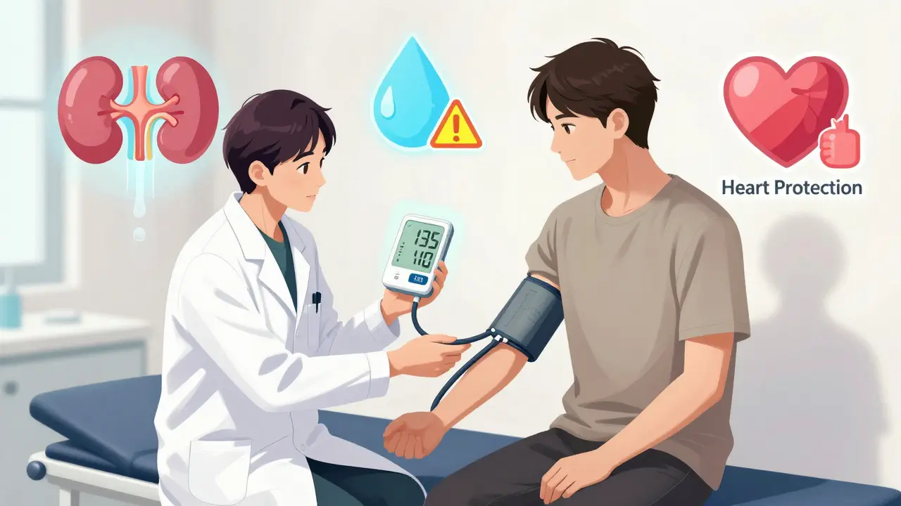 Doctor checking blood pressure of patient, with floating icons showing kidney fluid loss and heart protection.