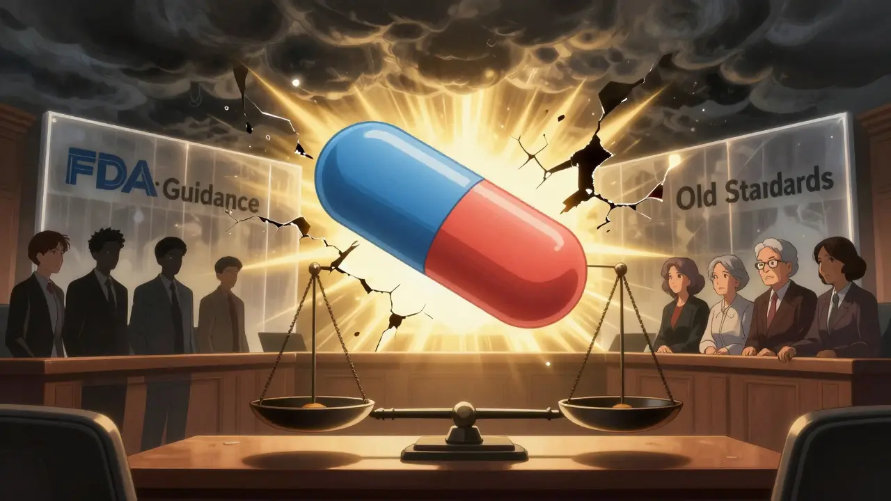 Generic pill on a scale with male vs. female/elderly figures, FDA guidance cracking open light.
