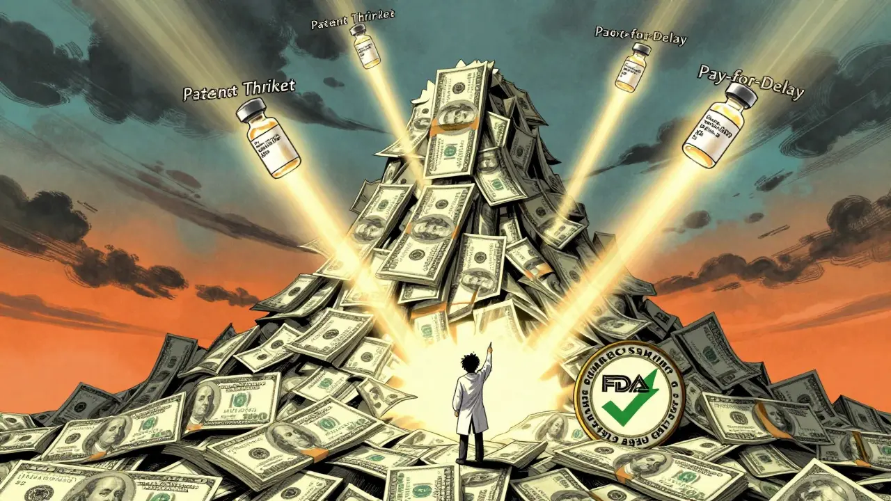 Giant pile of 0 bills shaped like a mountain taller than Everest, labeled with generic drug savings.