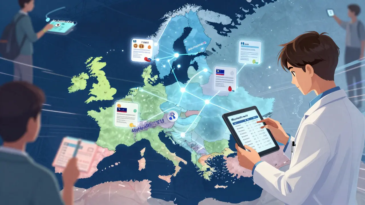 Glowing map of Europe showing connected countries sharing medicine data through MyHealth@EU.