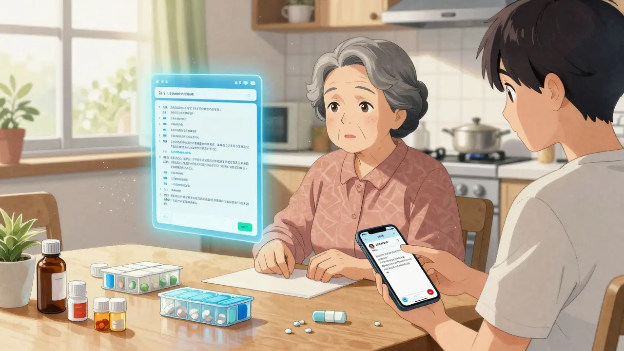 Grandmother at kitchen table with pill organizers and an AI error report floating above, family member texting a pharmacist nearby.