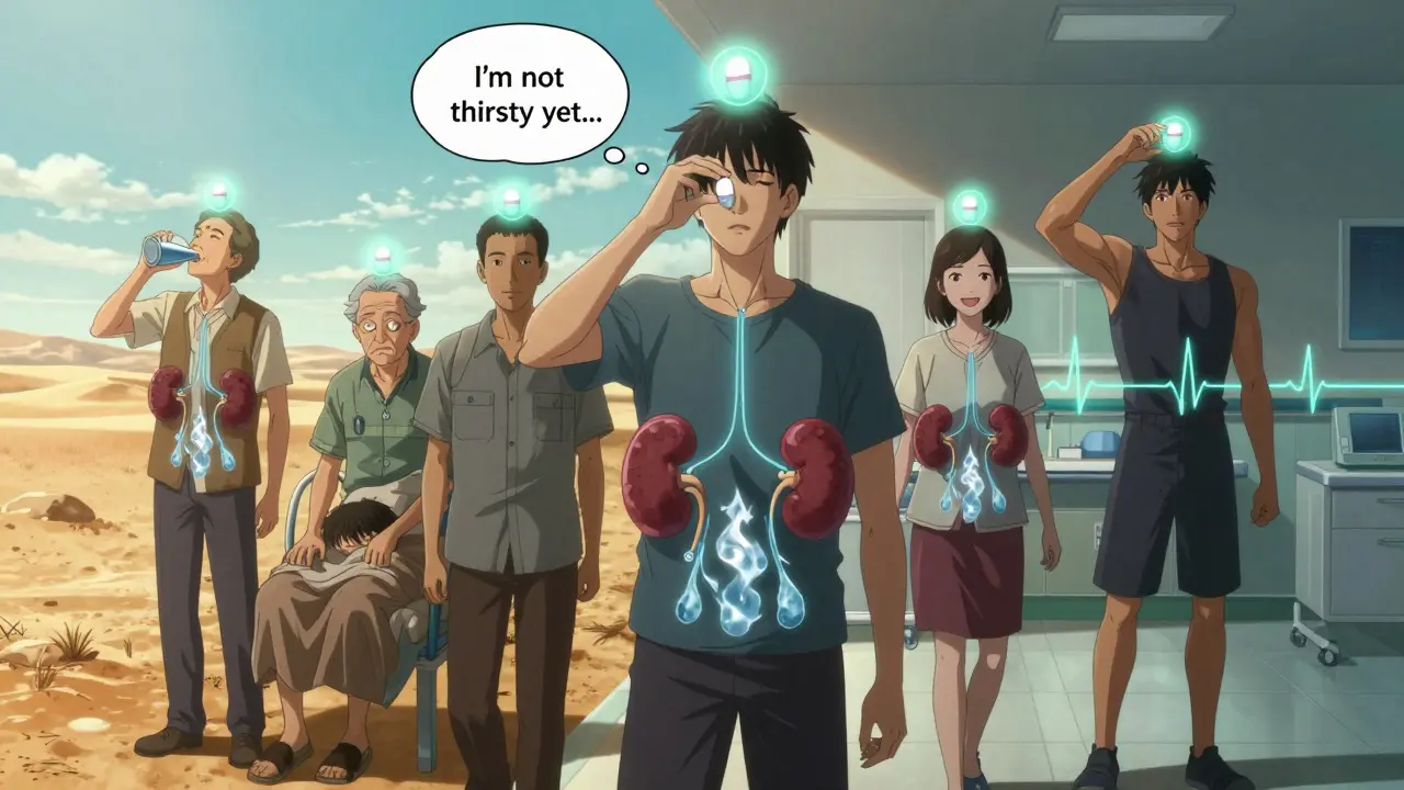 Group of patients with SGLT2 pills connected to kidneys releasing fluid, symbolizing dehydration risk and health benefits.